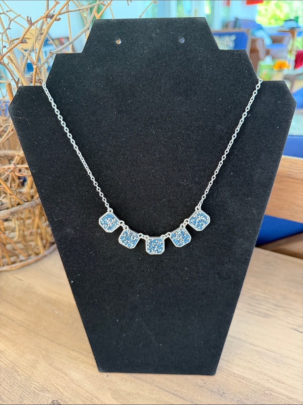 Kenneth Cole Silver Necklace with Navy Blue Crystal Pendants